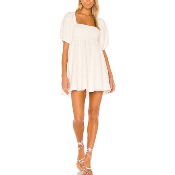 Women’s FREE PEOPLE Puff Sleeves Ivory Violet Mini square neck Dress Size L *C2 - Picture 6 of 6